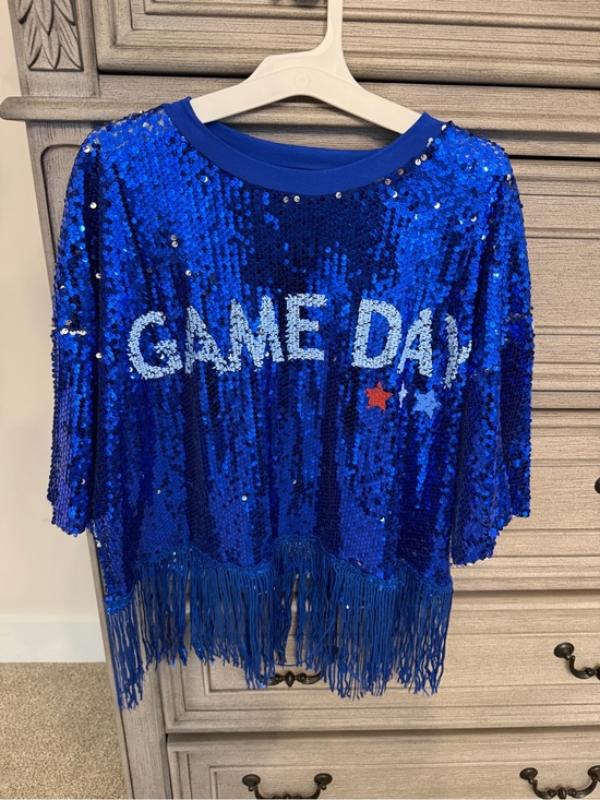 Tops - Blue Sequin 'GAME DAY' Fringe Top